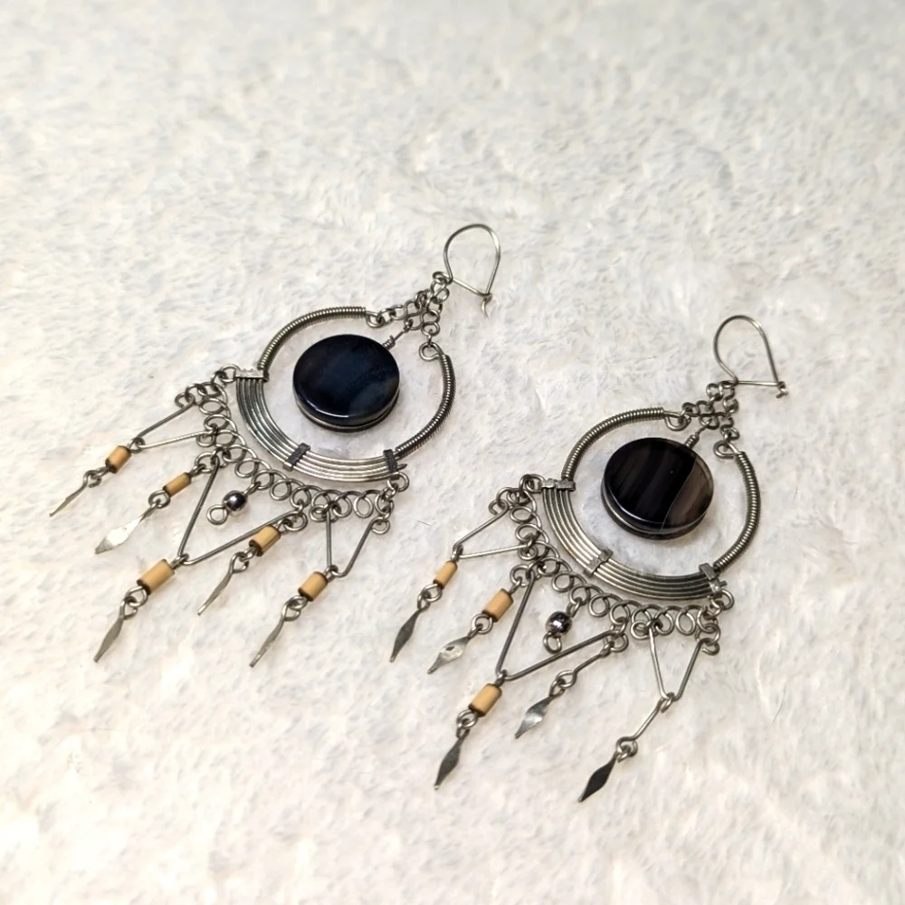 Vintage Artisan Made Sterling Silver Dream Catcher Pierced Earrings - Picture 7 of 8
